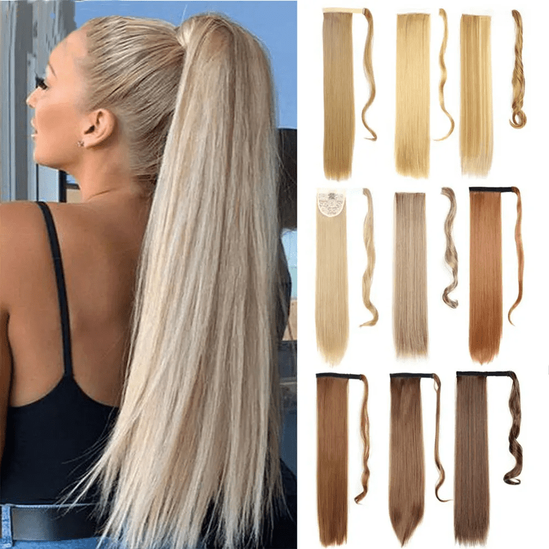 22Inch Synthetic Long Straight Ponytail Hair Extension Wrap Around Clip In Ponytail Hair Heat Reistan Pony Tail Hairpiece Blonde