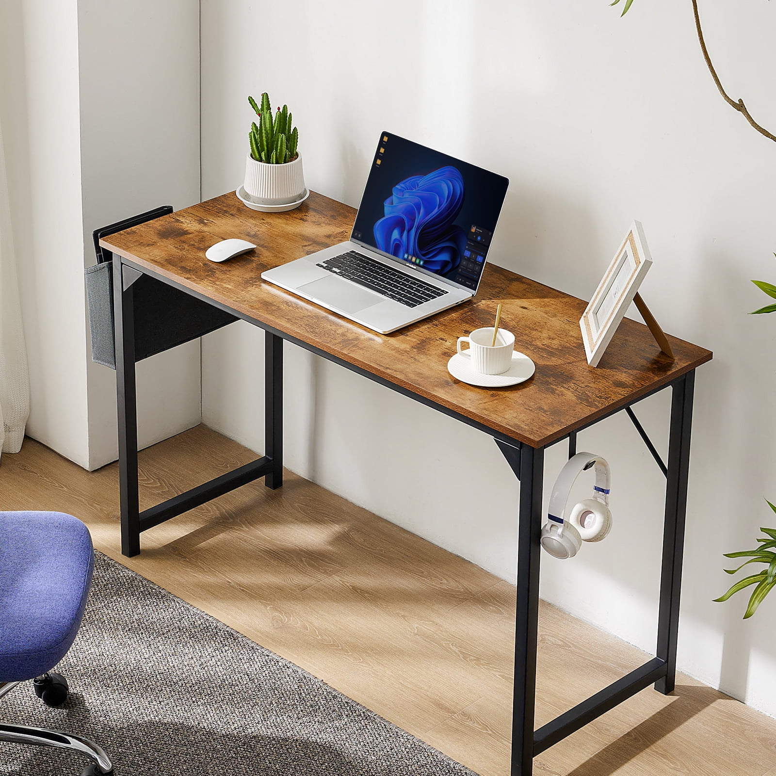 Aidoly 32 inch Small Computer Desk Writing Study Work Office Table Modern Simple with Storage Bag and Hook for Home Bedroom, Brown