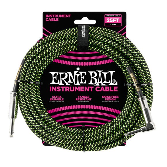 Ernie Ball Braided Instrument Cable - 1/4" TS to Right Angle 1/4" TS, 25', Black/Green