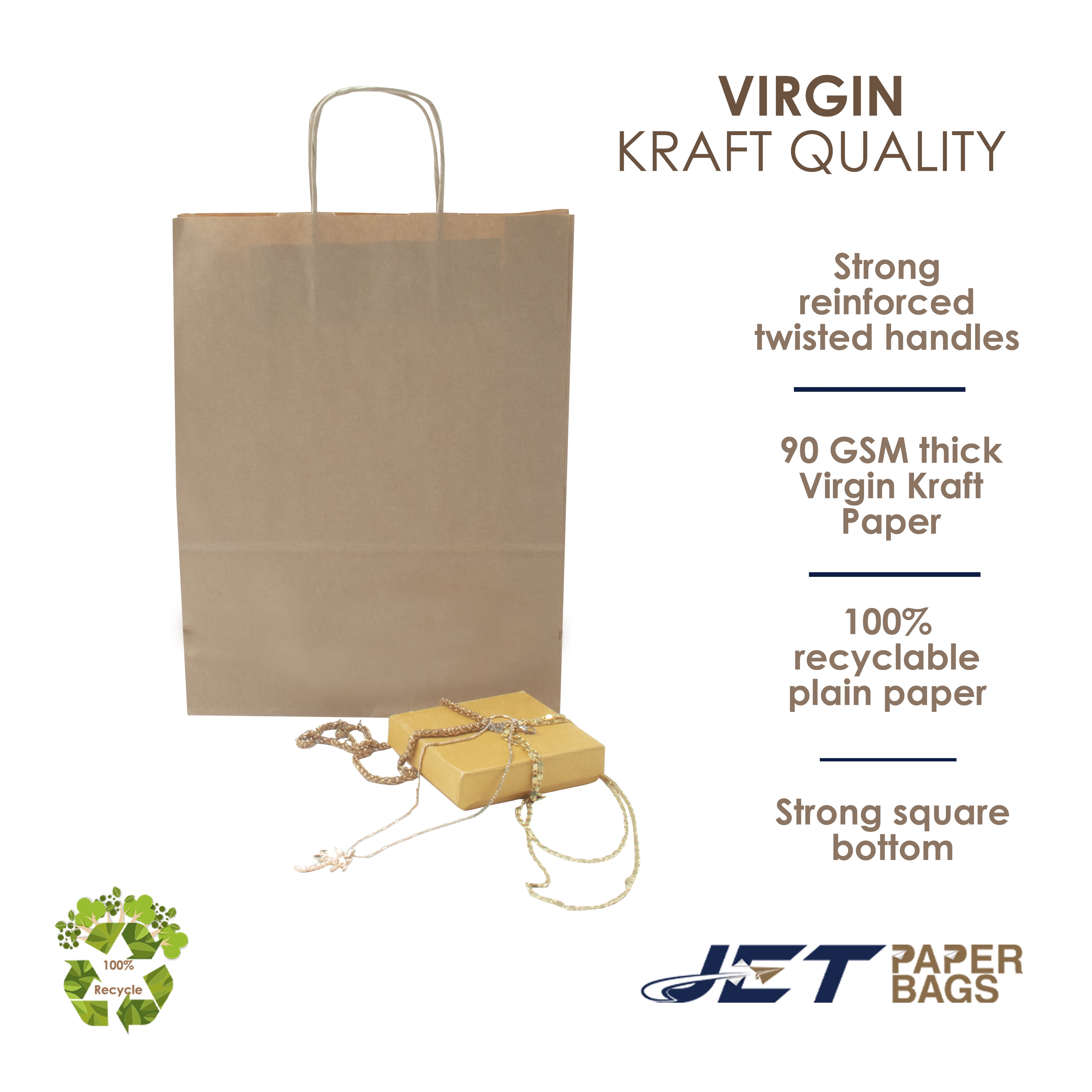 [100 Pcs] 8 inch x 4 inch x 9H Small Brown Virgin Kraft Paper Shopping Bags with Twisted Handles for Gift, Merchandise, Christmas, Birthday, Craft