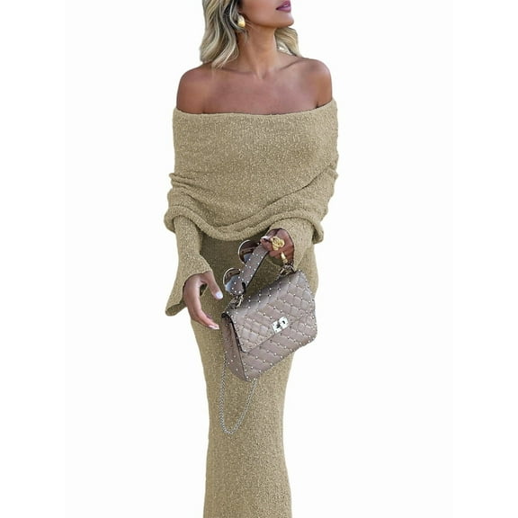 Women'S Fall Off Shoulder Bodycon Sweater Dress Formal Long Sleeve Elegant Club Party Midi Maxi Dresses Apricot S