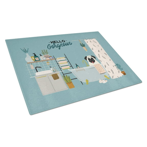 Carolines Treasures CK7426LCB Cream Pug in Bathtub Glass Cutting Board Large 12H x 16W multicolor