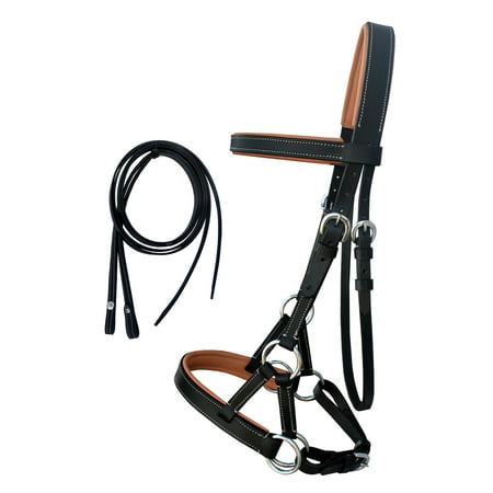 Horse Western Cob Leather Training Tack Bitless Sidepull Bridle w/ Reins 7711TN-C