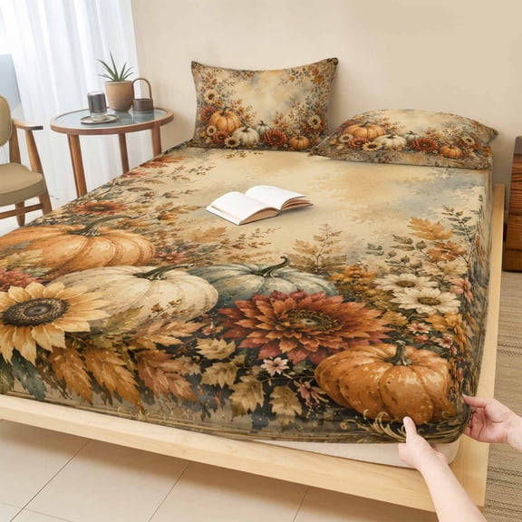 King Size Fitted Sheet Set - Vintage Pumpkins Fall 3 Piece Bedding Sets 16" Deep Pocket Fitted Sheet with 2 Pillowcases, Thanksgiving Botanical Flowers Brushed Microfiber Hotel Luxury Bed Sheets