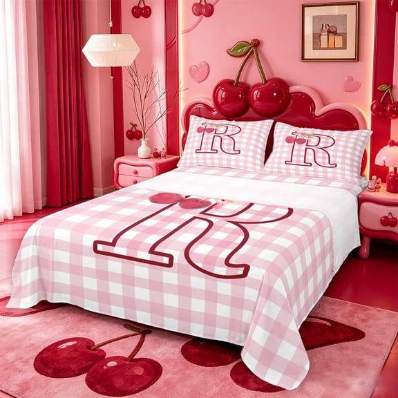 meiyoeat Pink 3D Cartoon Initial R Bed SheetsLovely Bowknot Cherry Full Size Sheets For Girl,4-Piece,1 Flat Sheet,1 Fitted Sheet and 2 Pillowcases