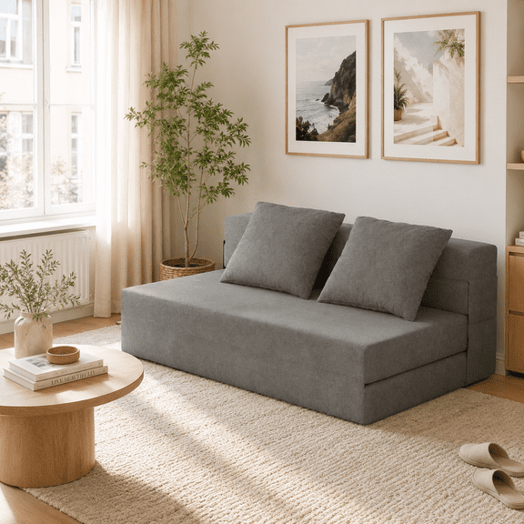 CANVORA 60" Convertible Sleeper Sofa Bed, 5-in-1 Loveseat Boneless Couch in a Box with Pillows, Fold Out Chair Bed for Living Room Bedroom, Gray