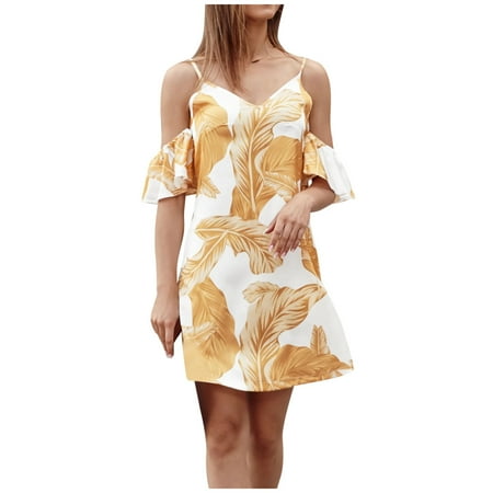 OJSFQUFP Classy Graduation Dress Yellow Ladies Fashion Sexy V Neck Floral Print Dress Skirt Temperament Dresses Comfortable and Generous dresses L
