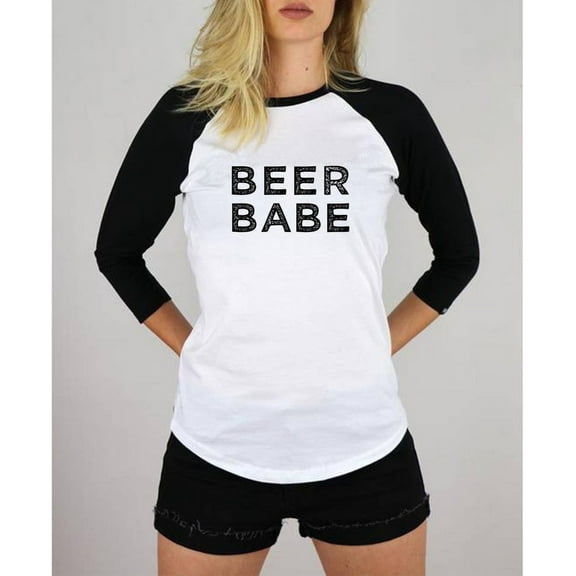 BEER BABE Shirt - Unisex Raglan 3/4 Sleeve, Small, Black & White | Women's Craft Beer Gift