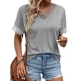 thumbnail image 3 of HUBERY Women Strappy V Neck Lace Patchwork Short Sleeve Solid Color Top, 3 of 5