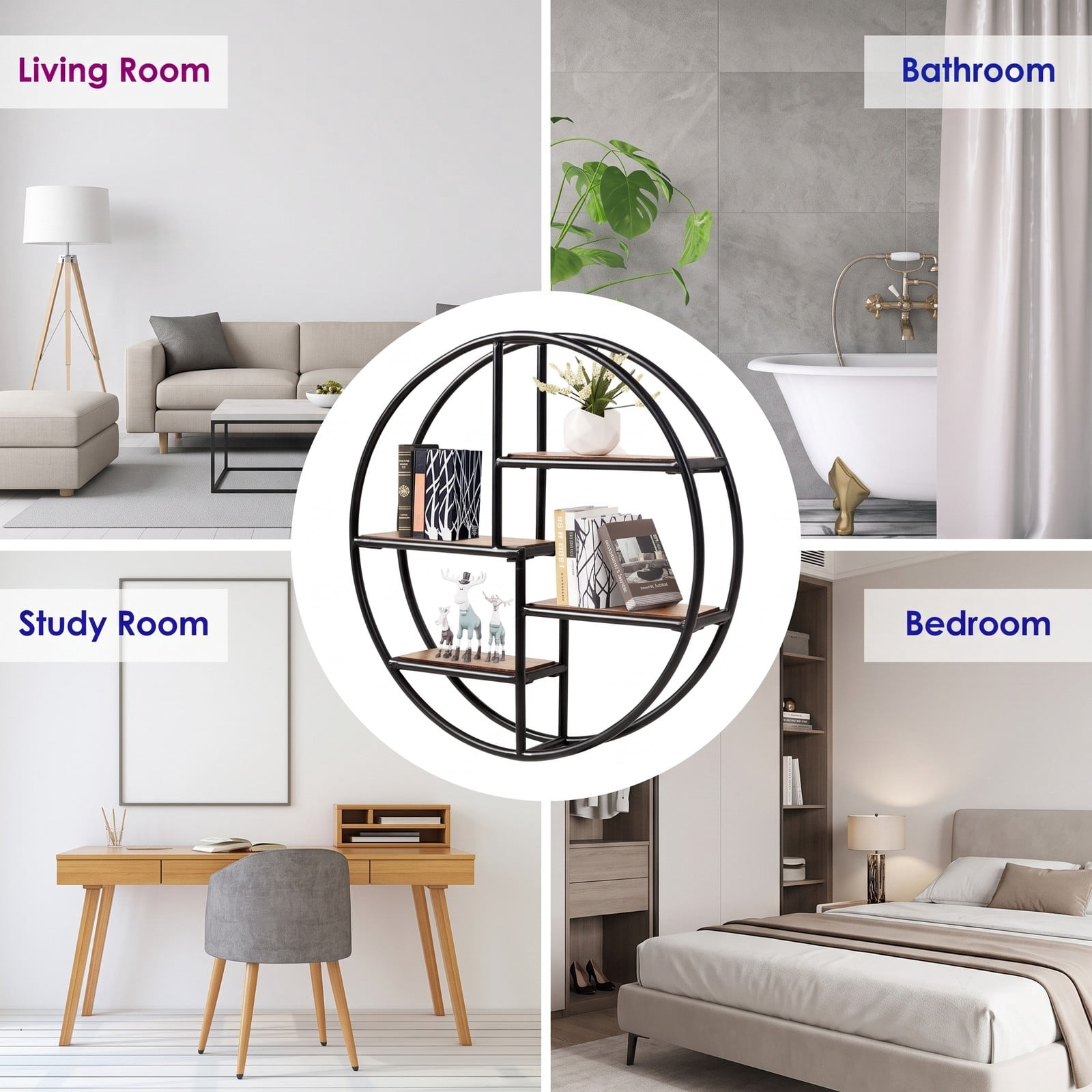 Furnibear Round Floating Shelf 4-Tier Wall-Mounted Storage Rack, Solid Wood and Metal Circular Hanging Display Shelves for Living Room Bedroom Bathroom Office, Black