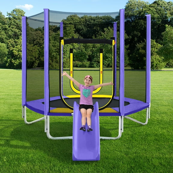 SHINPT 7ft Trampoline for Kids, Children's Trampoline Outdoor, Small Trampoline with Slide and Ladder, Recreational Trampoline for Backyard, Outside Toys for Kids with Safety Enclosure Net