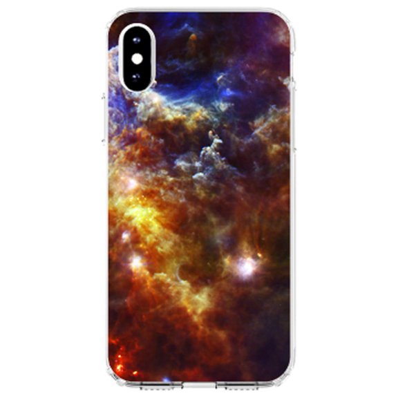 DistinctInk Clear Shockproof Hybrid Case for iPhone XS Max (6.5" Screen) - TPU Bumper, Acrylic Back, Tempered Glass Screen Protector - Red Yellow Blue Rosette Nebula - Show Your Love of Astronomy