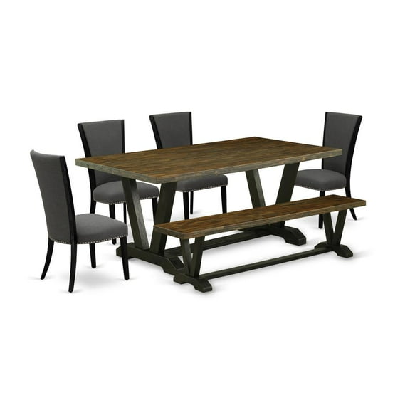 East West Furniture V677VE650-6 6 Piece Kitchen Table Set - 4 Dark Gotham Grey Linen Fabric Comfortable Chair with Nailheads and Distressed Jacobean Kitchen Table - 1 Dining Bench - Black Finish
