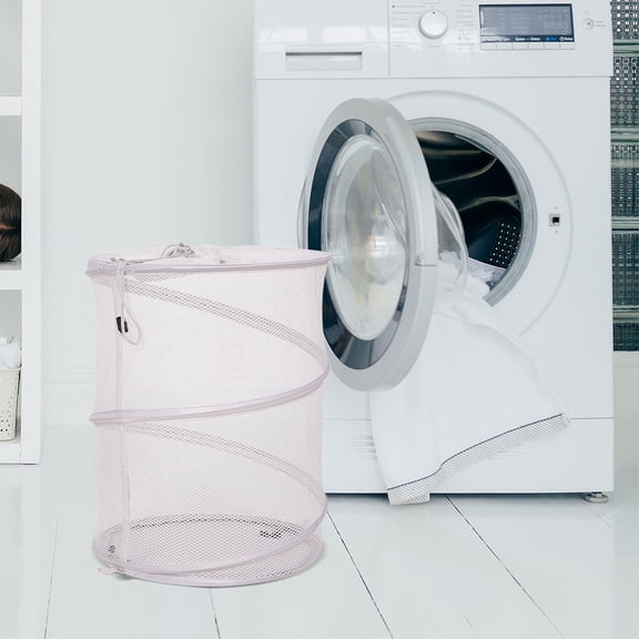 Milisten Foldable White Mesh Laundry Hamper with Handles and Drawstring Closure for Convenient Storage and Organized Clothes