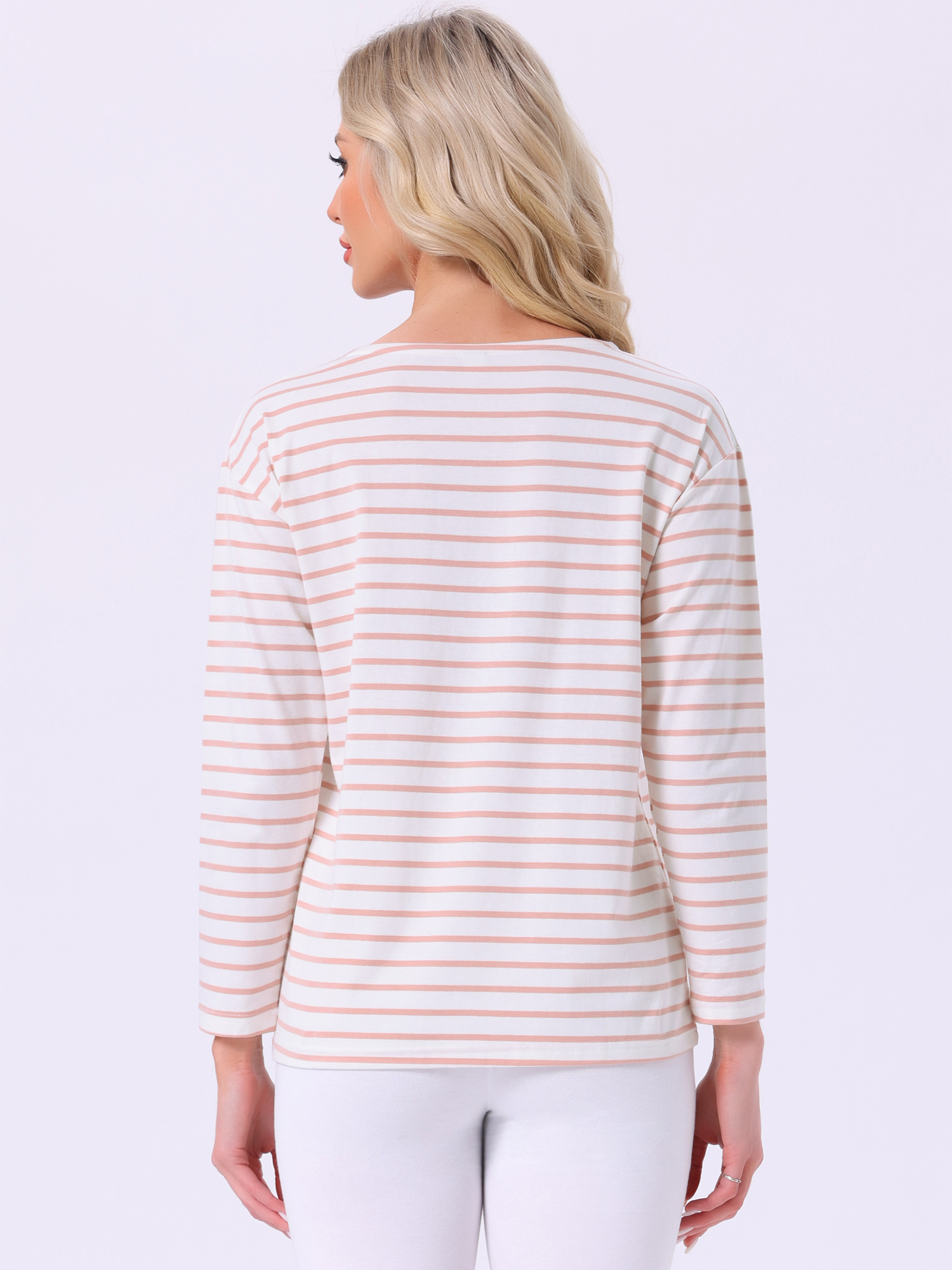 DARING DIVA Pajama Striped Cotton Long Sleeve Crew Neck Sleep Shirts L Pink Striped