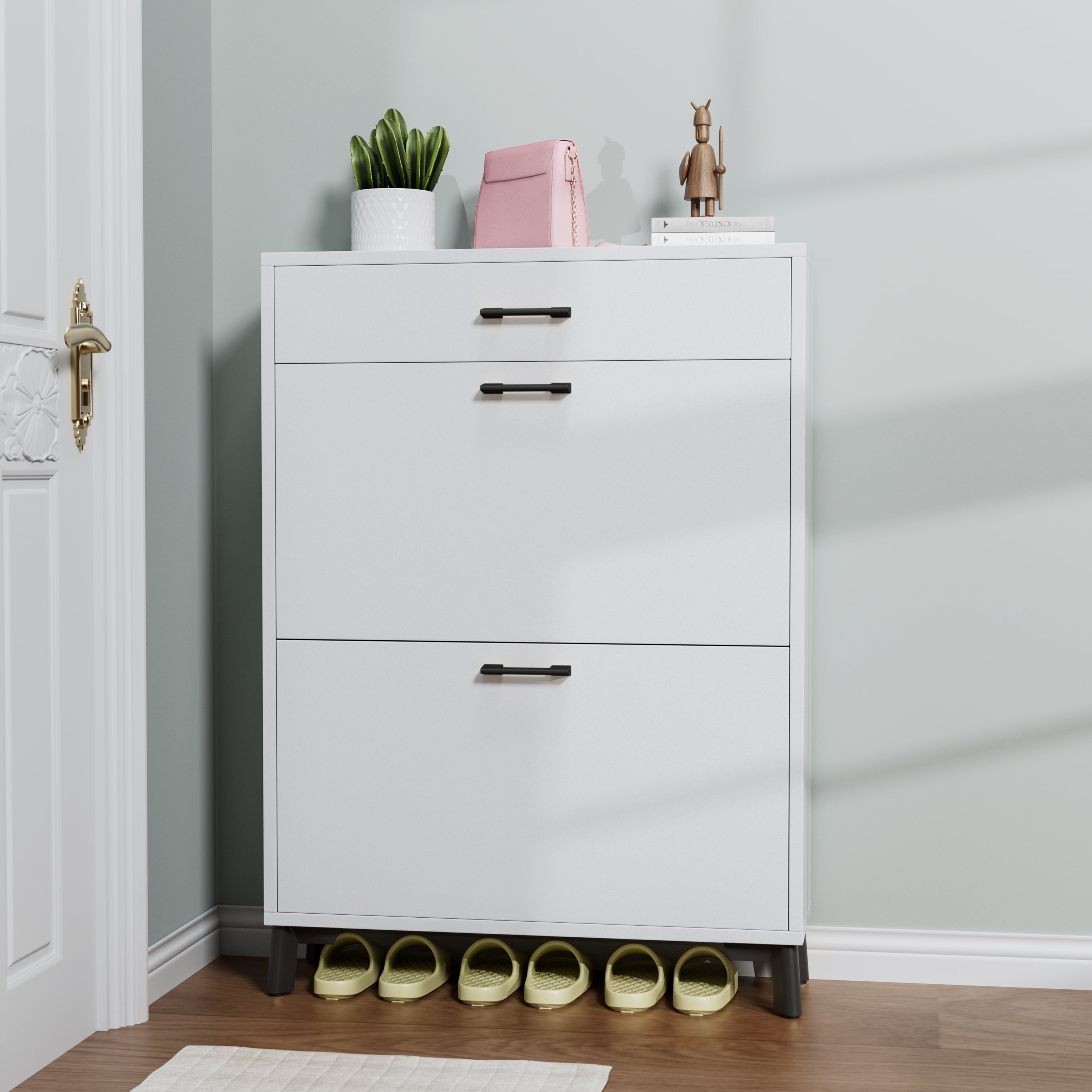 Qhou, Space Saving White Shoe Storage Cabinet with 2 Flip Drawers, Sturdy MDF & Metal Construction Space Saving, White - Easy to Assemble