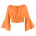 thumbnail image 2 of Girls Crop Tops Off Shoulder Bell Long Sleeve Chiffon Blouses Ruffle Smocked Hem Cute Spring Fall Clothes, Orange 9-10 Years, 2 of 8