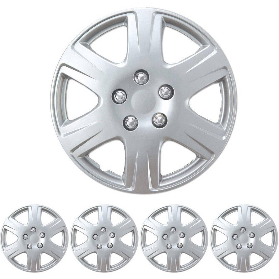 - SEVEN DOUBLE SPOKE SILVER HUBCAPS SET OF FOUR-- 15 INCH