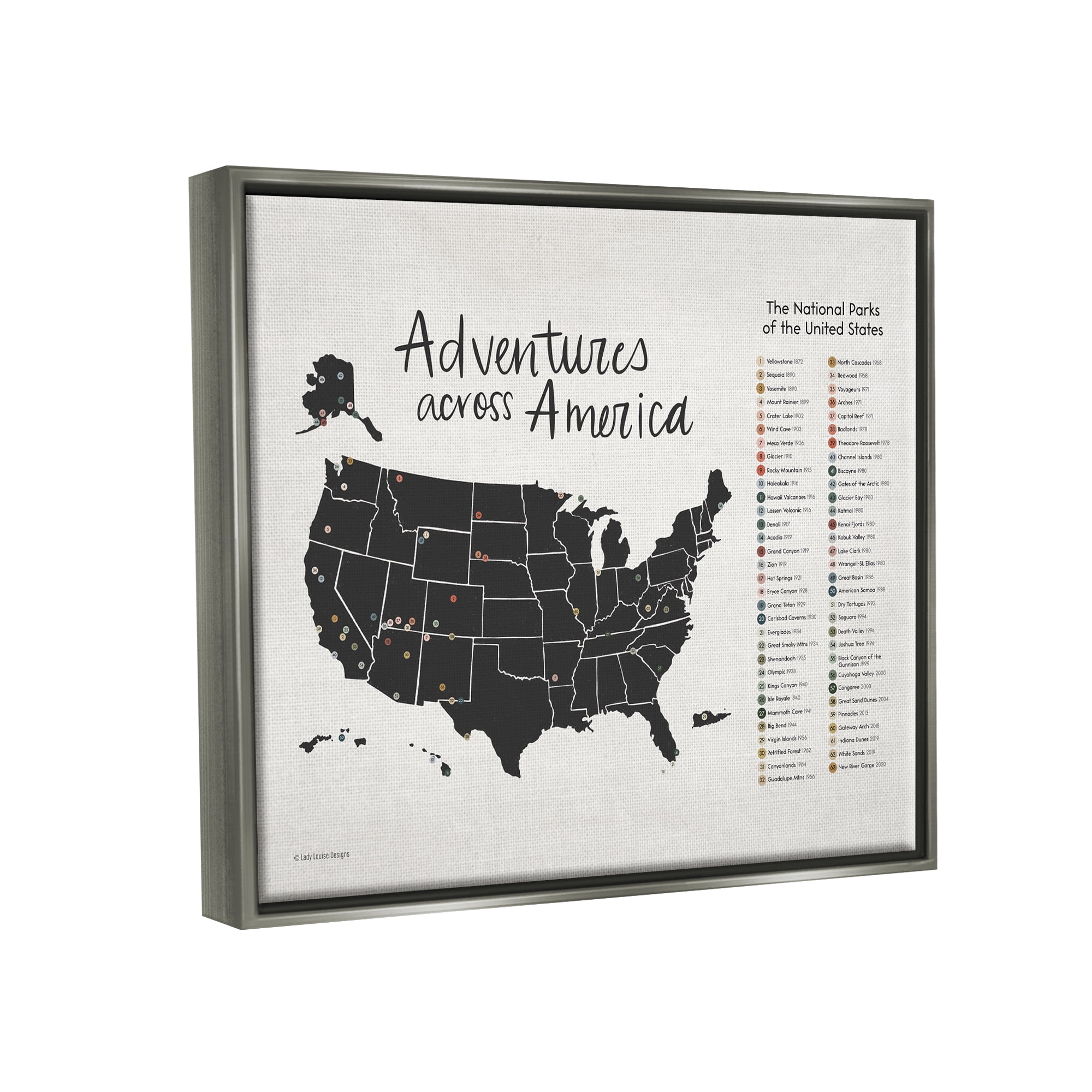 Stupell Adventures Across America Chart Travel & Places Painting Gray Floater Framed Art Print Wall Art