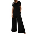 thumbnail image 3 of Feancey Casual Jumpsuits for Women Summer Short Sleeve Button Rompers 2025 Dressy Trendy Wide Leg Playsuits Solid Color Beach Jumpsuit with Pockets Black L, 3 of 9