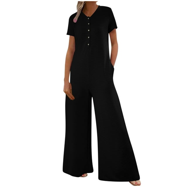 Htigea Clearance Casual Striped Short Sleeve Jumpsuits Rib Knit Wide Leg Romper Comfy Button Down Rompers under 10 dollars Black,2XL