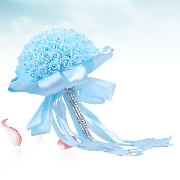 WHAMVOX 1Pack Faux Flowers Blue Foam Ribbon Rhinestones Pe Roses For Wedding Decoration