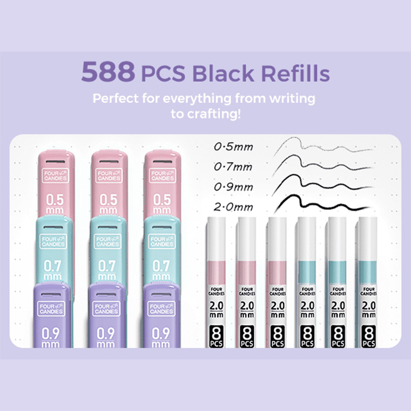 Four Candies Aesthetic Supplies, Mechanical Pencils 0.5mm, 0.7mm, 0.9mm & 2.0mm with Lead Refills, Cute Mechanical Pencils for Writing, Drawing & Drafting (Purple)