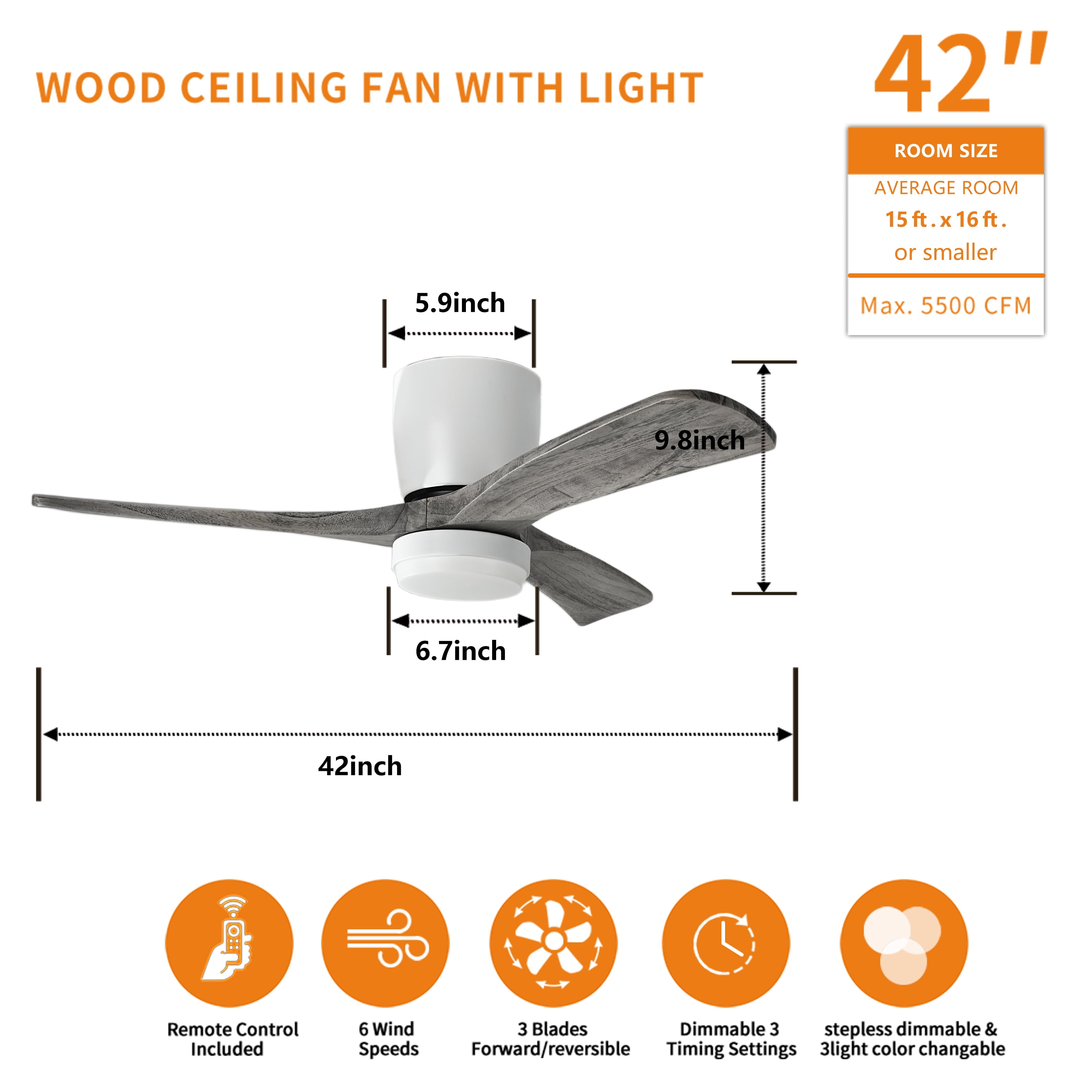 42" Solid Wood Ceiling Fan with Light-Flush Mount, DC Motor