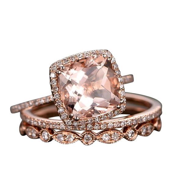5.75 Carat 10mm Cushion Morganite Wedding Set Diamond Moissanite 10k Rose Gold Engagement Ring Art Deco Half Eternity