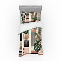 Ambesonne Monstera Bedding Set 3 Pcs, Mid Century Boho Shapes, TwinXL, Evergreen Pale Rust Brown