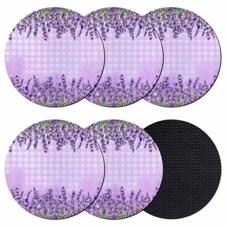 Purple Lavender Coasters Set of 6 Absorbent Coasters for Drinks Spring Watercolor Wildflowers Plant Plaid Coaster for Desk Coffee Table Protection Home Decor House Warming Gifts 4
