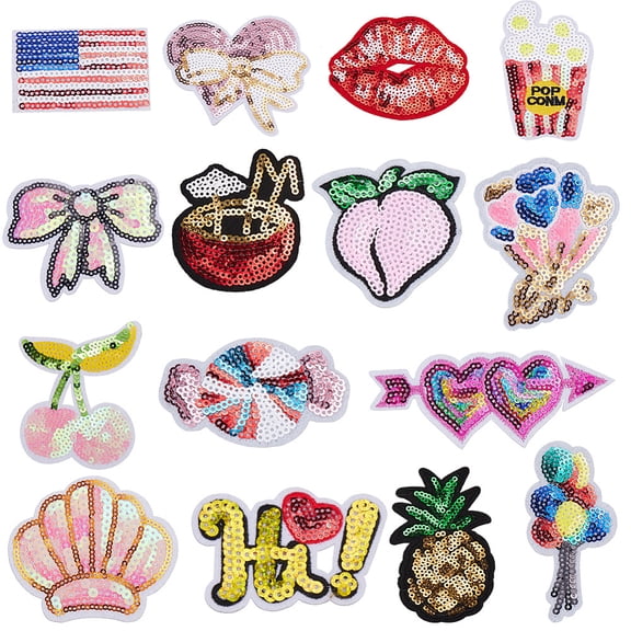 15Pcs 15 Styles Sequin Embroidery Cloth Iron On Patches Costume Accessories Paillette Appliques Mixed Shapes 38~112x38~98x1~2mm 1pc/style