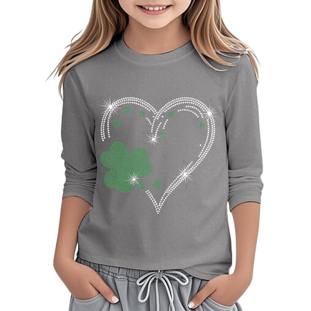 lnmuld Girls Cute Summer Tops St Patricks Day Print Three Quarter Sleeve Top for Holiday Festive Party Wear Color:Grey Size:12-13 Years