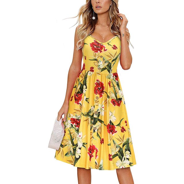 VISgogo Vestido sin mangas de verano para mujer, estampado de flores/leopardo para adultos, cuello en V, correa de espagueti cruzada, una pieza con bolsillos VISgogo moda