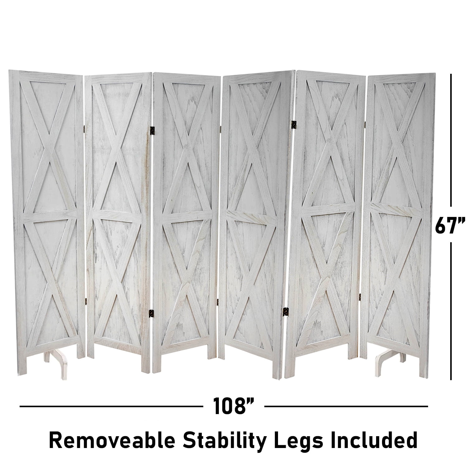 Premium Home 6-Panel Room Divider – Rustic White Barn Door, X Pattern Folding Privacy Screen, Partition Wall