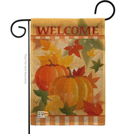 Breeze Decor BD-HA-G-113038-IP-DB-D-US10-BD 13 x 18.5 in. Welcome Fall Pumpkins Burlap Harvest & Autumn Impressions Decorative Vertical Double Sided Garden Flag