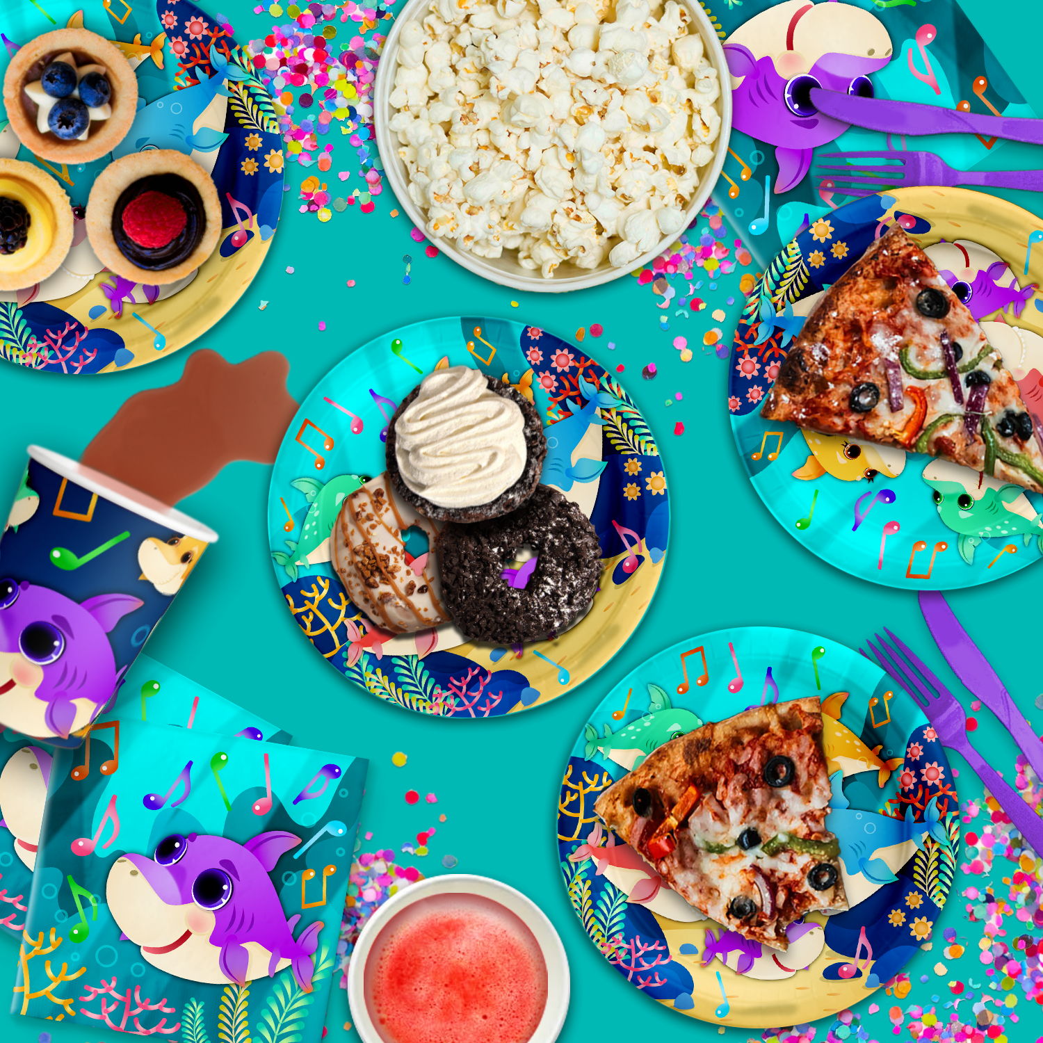 Colorful Musical Shark Party Supplies for Baby's 1st Birthday, Kid's Birthdays, and Baby Shower Shark Themed Parties - Tableware Sets with Plates, Napkins, and Cups | Kit for 16