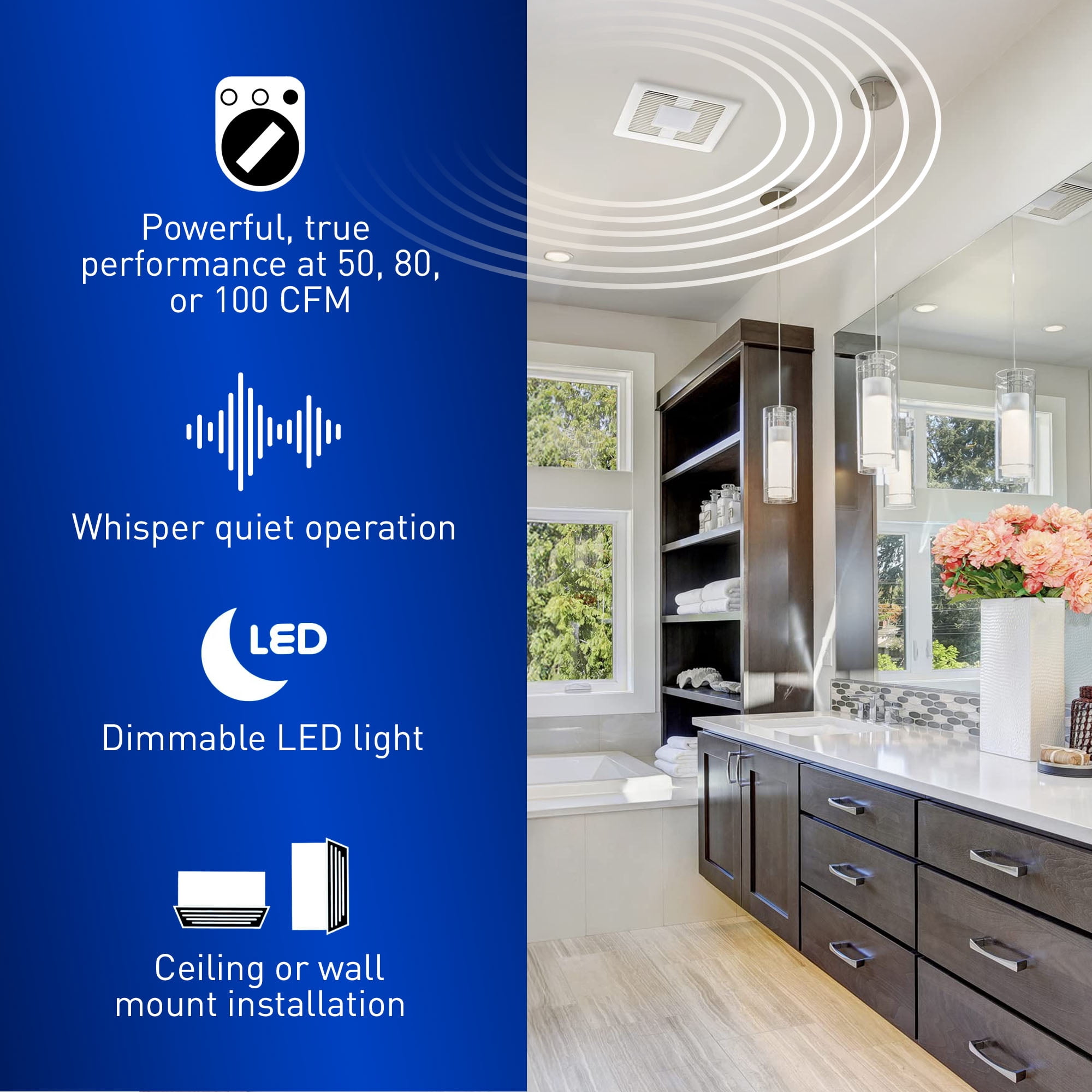 Panasonic WhisperValue Ceiling/Wall Mount Bathroom Exhaust Fan with Dimmable LED Light, 50-80-100 CFM, FV-0510VSL1