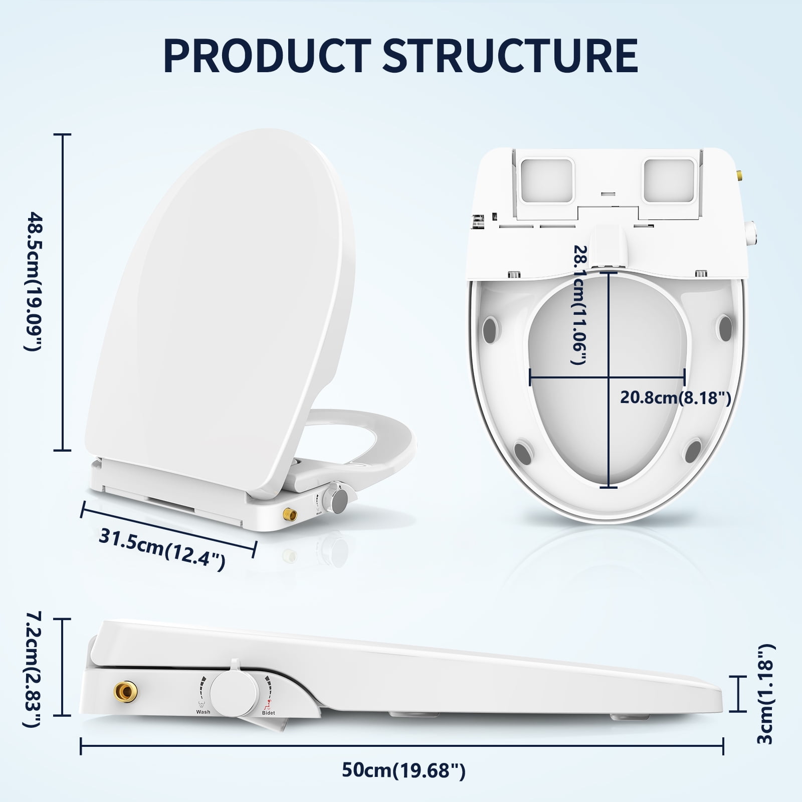 Atzeste Bidet Toilet Seat, Non-Electric Dual Nozzles Bidet Attachment, Adjustable Water Pressure Water Sprayer, Rear & Feminine Wash, Quiet-Close, Brass Inlet, Fit Elongated Toilet Seat