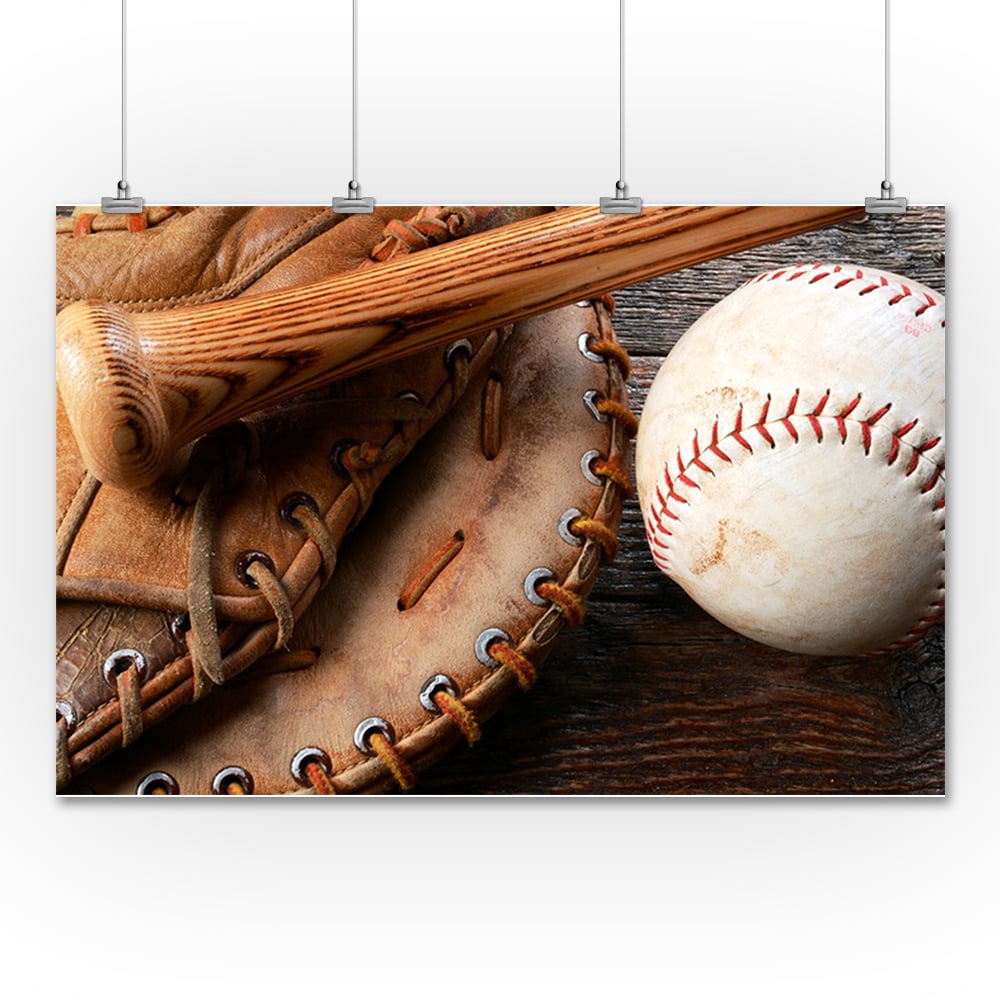 Old Used Baseball, Baseball Glove, and Baseball Bat Photography A-89896  (36x54 Giclee Gallery Print, Wall Decor Travel Poster)