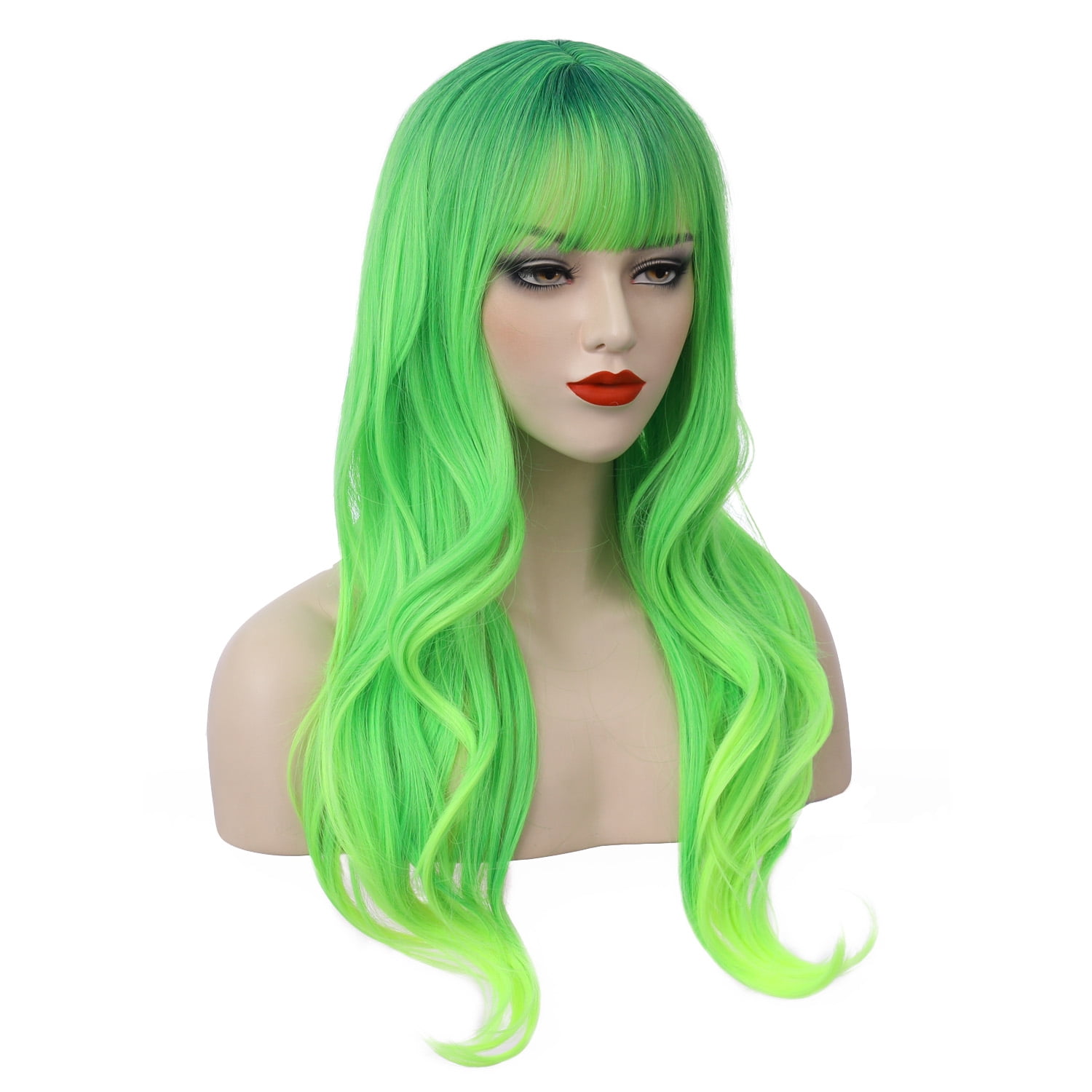 RightOn 26" Green Wig Long Wavy Wig with Bangs Lime Neon Green Wig Ombre Green Wigs for Women Girls Wig Cap Included