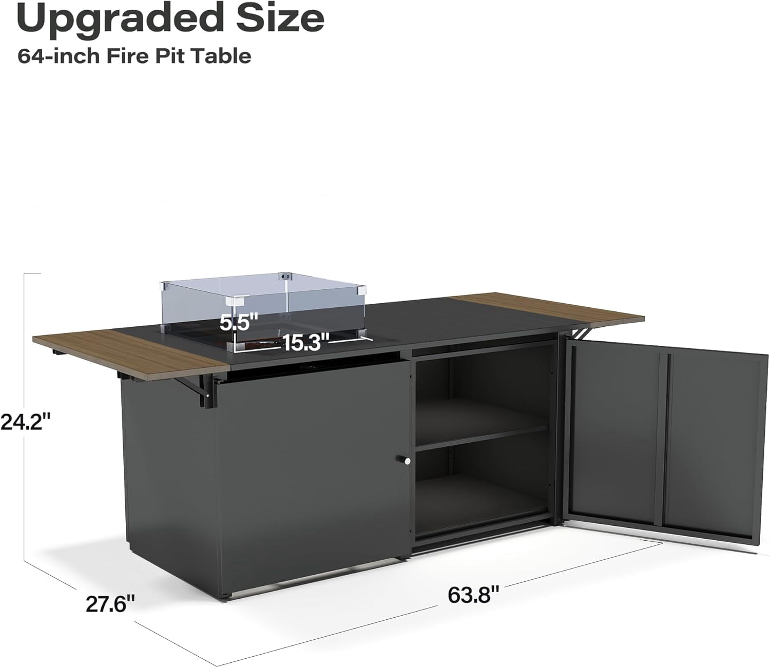 64-Inch Propane Fire Pit Table with Lid, 55,000 Outdoor Gas Fire Pit for Patio, Glass Wind Guard & Gray Glass Beads, Black Finish
