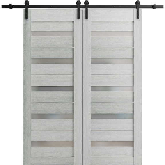 Sturdy Double Barn Door 48 x 80 inches | Quadro 4445 Light Grey Oak with Frosted Glass | 13FT Rail Hangers Heavy Set | Solid Panel Interior Doors