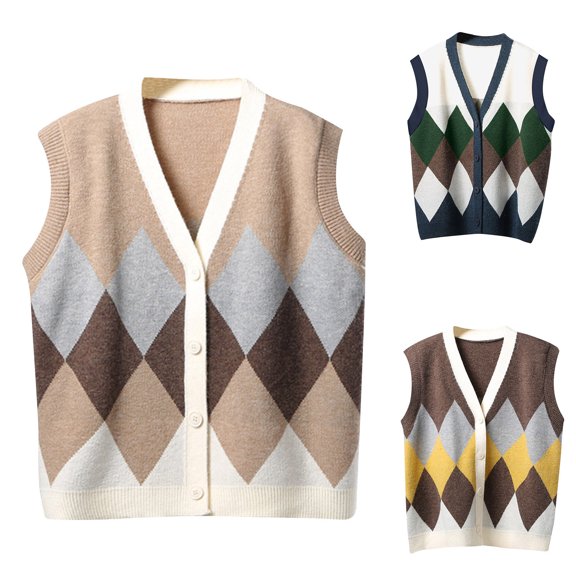 Mgmyaa Women's Argyle V-Neck Sleeveless Knit Cardigan Vest Button Down Casual Top