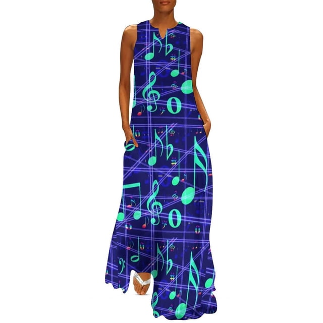 Robe de Musique Colorée Été Huit Notes Impression Aléatoire Mode Coréenne Robes Longues Décontractées Robe Maxi de Fête Cadeau d'Anniversaire