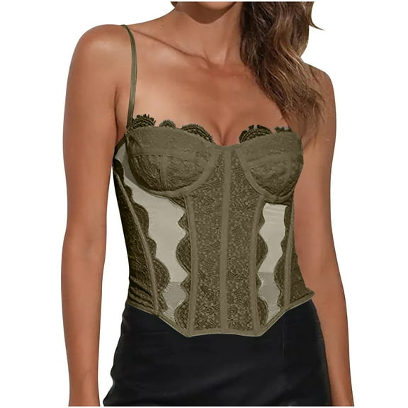 ZQUUVOU Women's Sheer Mesh Lace Bodysuit Spaghetti Strap Bustier Corset Tops Rave Party Club Cami Tops Shapewear Olive Green