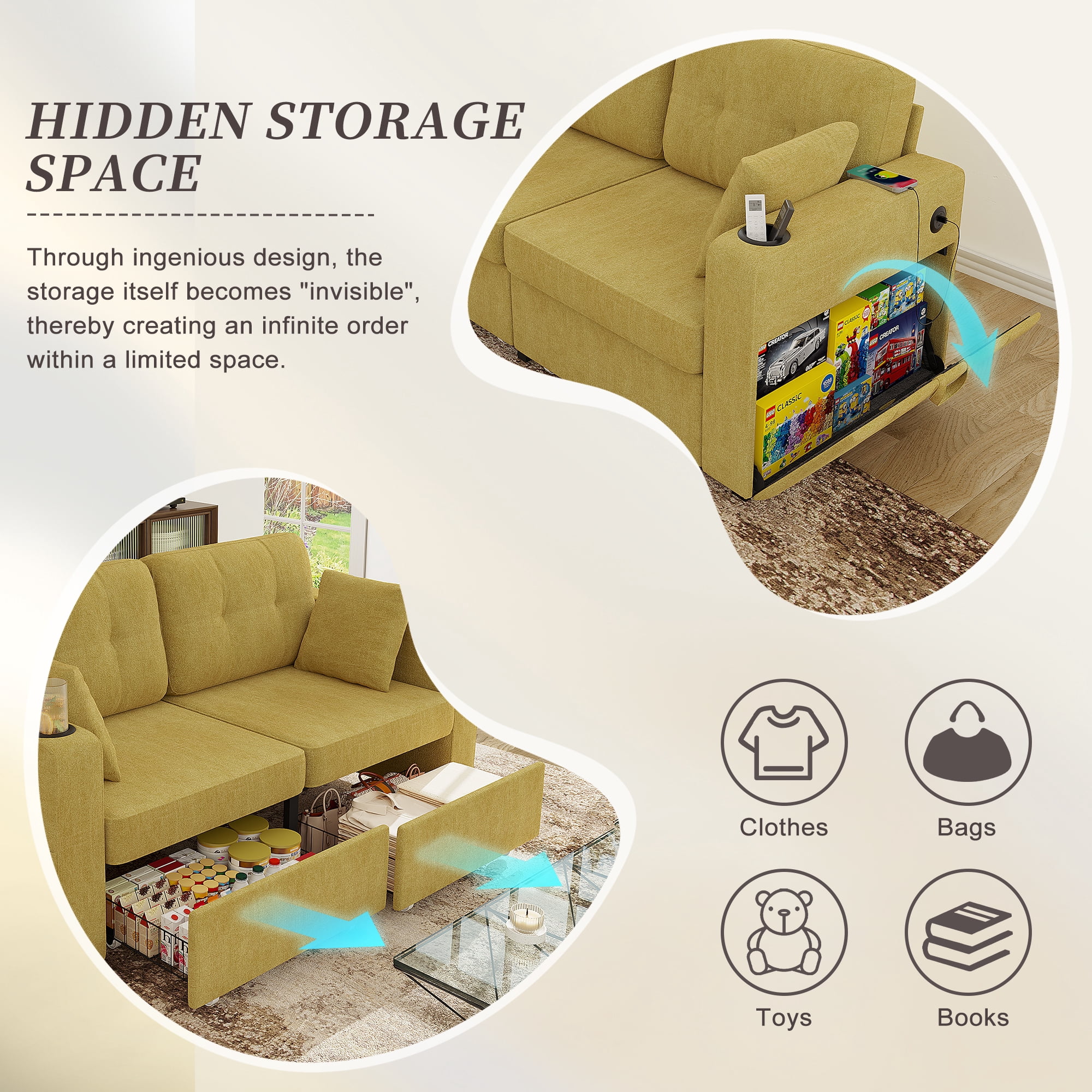 68" Chenille Two Seater Couch, Living Room Loveseat with Usb Charging, Upholstered Loveseat with Storage for Living Room, Mustard yellow