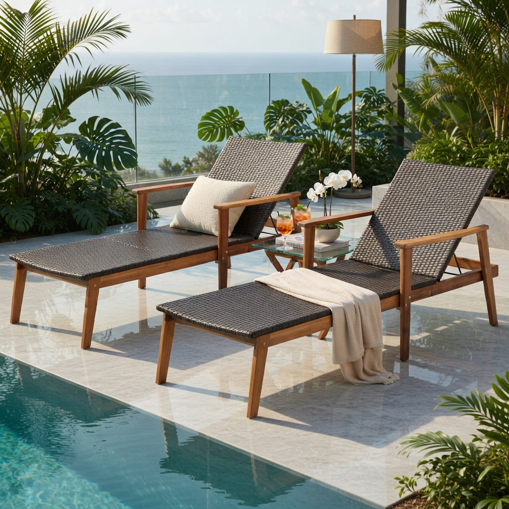 Hommoo 4-Position Adjustable Patio Chaise Lounge with Foldable Side Table, Heavy-Duty Acacia Wood & PE Rattan Outdoor Recliner Set for Backyard, Poolside, and Deck, Brown