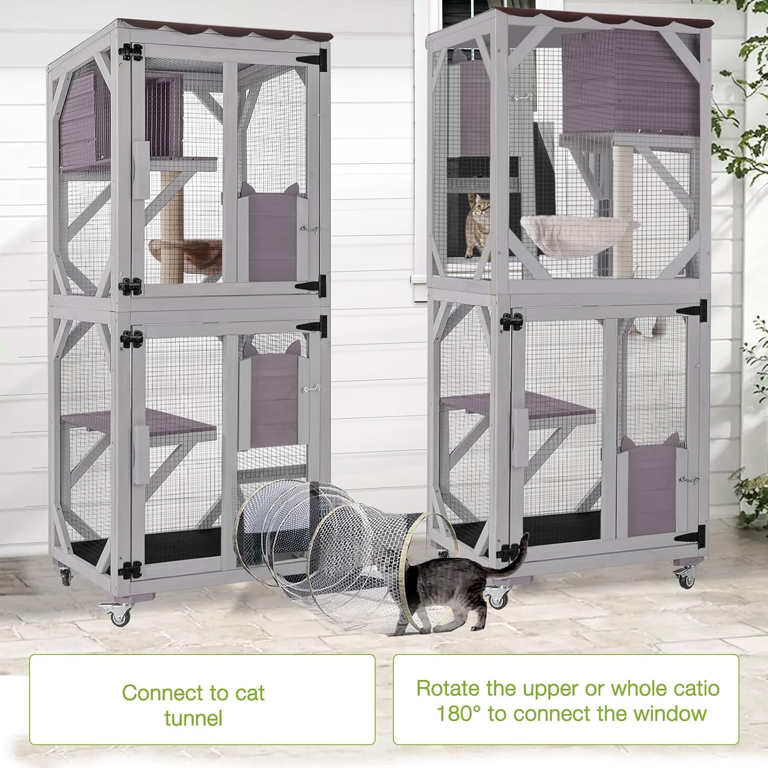 MEDEHOO Catio Outdoor Cat Enclosure Mobile Cat House Indoor On Wheels with Scratch Post, Hammock, Resting Box, Platform, Tarp Roof 62.8", Grey