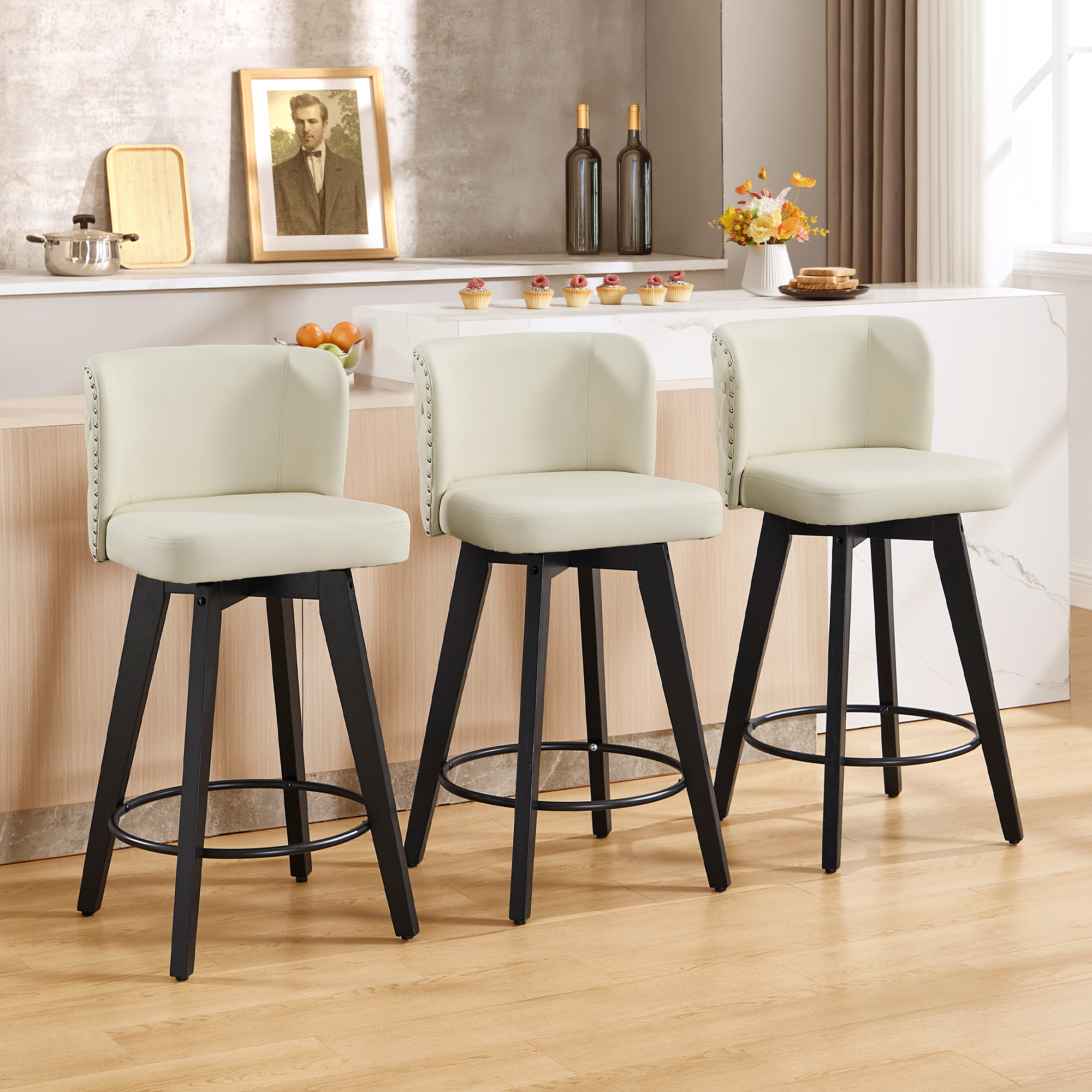 TEWLOSS Counter Height Bar Stools Set of 3, 27.5in Swivel PU Leather Bar Chairs with Curved Back for Kitchen Island, Beige